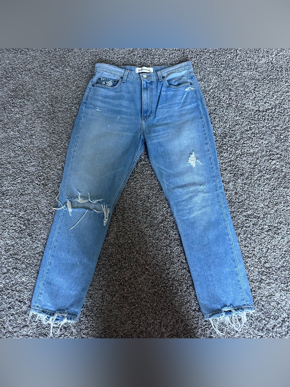 Reformation Distressed Light Blue Straight Leg Jeans